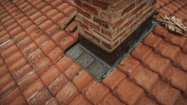 Close-up of a chimney on a tiled roof with flashing and tiles.