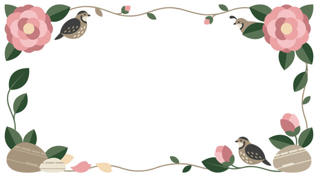 East asian style floral frame with camellia flowers and birds, elegant botanical border illustration, traditional aesthetic for stationery design
