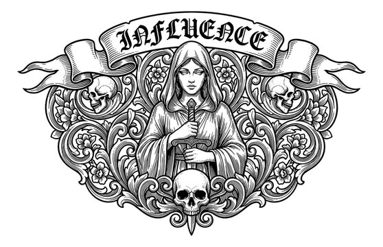 Hooded Woman Holding Sword with Skulls and Ornate Scrolls Engraved Black and White Line Art