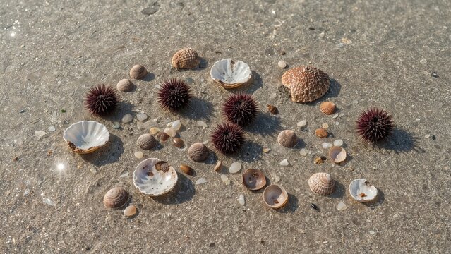 Scattered shells and sea urchins on sandy ground with small stones.