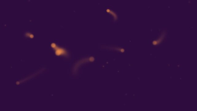 Halloween background of floating will o wisp lights with glowing trails, seamless loop in purple and orange twilight