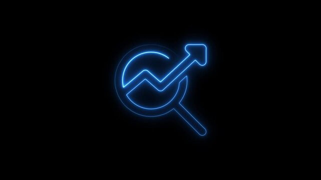 Glowing neon magnifying search icon on glowing neon business graphs and financial growth and profit through data analysis and graph sign animation