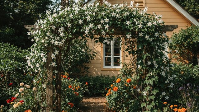 A garden archway covered with white flowering vine, surrounded by colorful flowers, with a beige house in the background.