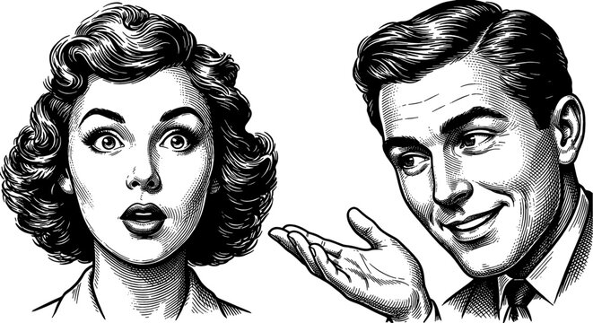 Shocked Caucasian woman reacts to smiling Caucasian man presenting explanation vintage black and white art