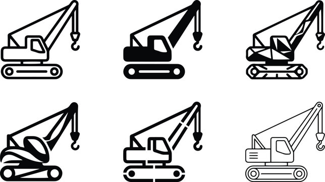 Set of black outline crawler crane vector icons for heavy machinery building construction isolated on white background