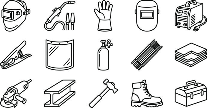 Set of black and white line icons representing various welding tools and professional protective safety equipment for construction