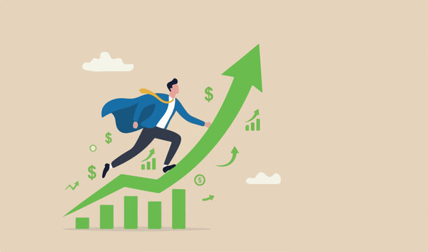 Growth or growing business success, increase sales or career improvement, earn more investment profit earning, rising up or up trend concept, businessman superhero fly exponential growth chart