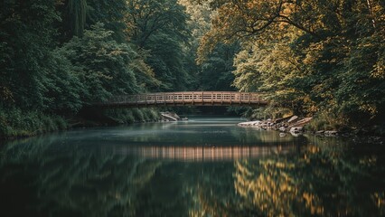 A serene river scene with a wooden bridge surrounded by lush trees and calm waters in a forest setting. © Lasvu