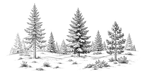 Obraz premium Serene winter forest landscape with tall evergreen pine trees and snowy ground in detailed line art drawing