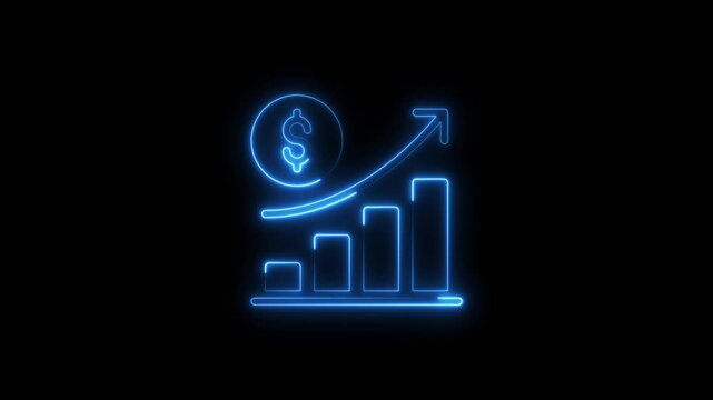 Neon line of Dollar sign with up arrow icon on black background. Abstract neon line business graph animation.