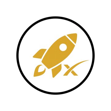 Rocket launch success graphic in a circular emblem, symbolizing speed, progress, and ambition.