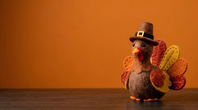 Cute Felt Thanksgiving Turkey Figurine with Pilgrim Hat on Wooden Table with Copy Space