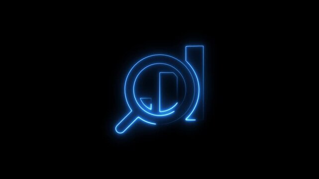 Glowing neon magnifying search icon on glowing neon business graphs and financial growth and profit through data analysis and graph sign animation