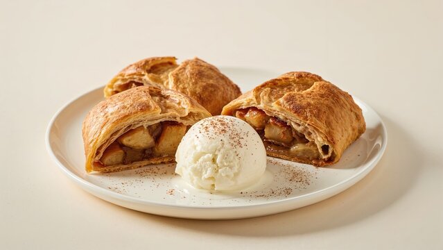 Baked apple strudel with a scoop of vanilla ice cream on a white plate.