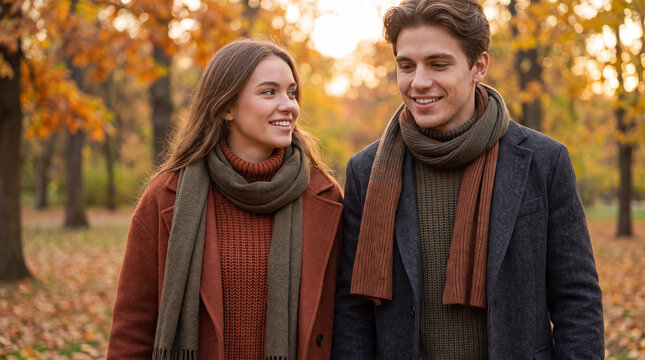 Young couple strolling through an autumn park at golden hour, smiling and sharing a romantic outdoor moment