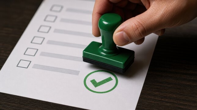 riskmsngement. Hand stamping a green checkmark on a checklist indicating completion or approval.