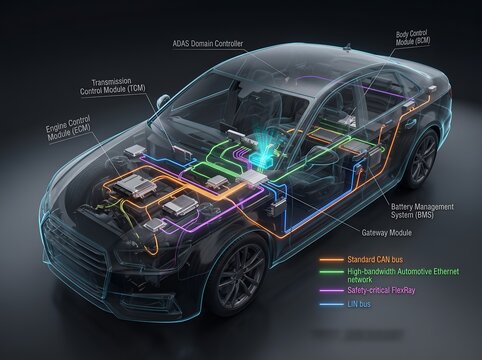 Automotive electronics system wireframe diagram showing car control modules and network architecture