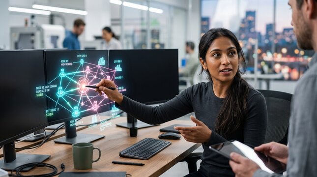 Business professionals collaborating on a network diagram
