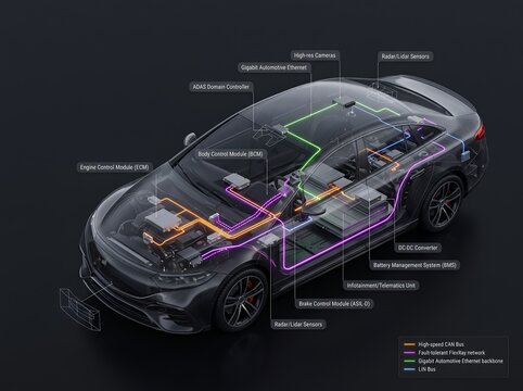 Automotive electronics system diagram showing car control modules and network architecture with sensors