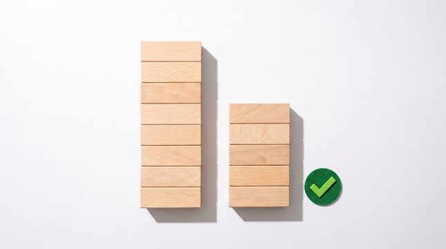 riskmsngement. Two wooden block stacks representing a bar chart with a green checkmark on a white background.