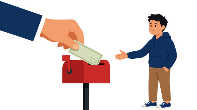 A giant hand in business suit placing financial check into red mailbox while sad man stands waiting with outstretched hand, poverty support and government aid concept vector illustration graphic