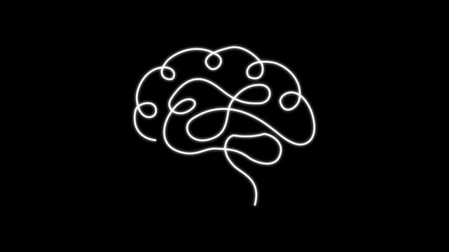 one line brain design on black background. one line drawing of human brain for psychology mental health creative thinking and medical neurology concept animation. 4k