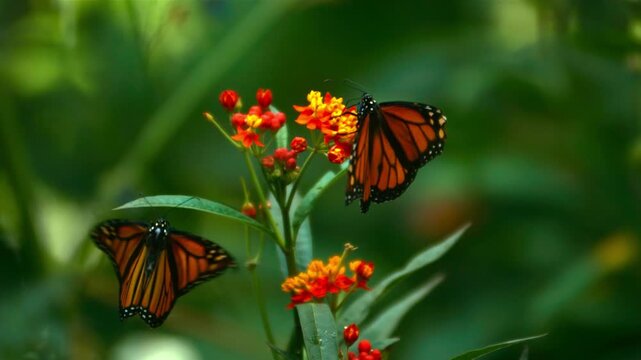 Two orange monarch butterflies flapping wings while resting on vibrant yellow and red milkweed flowers.