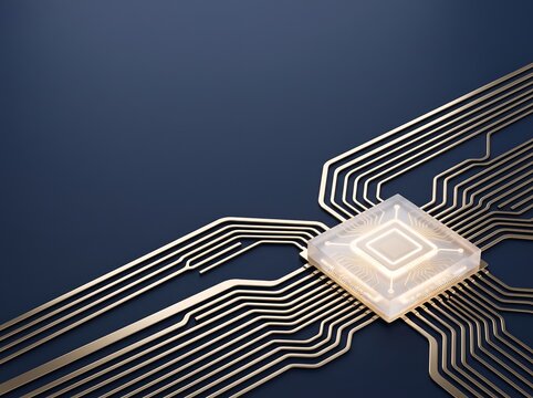 Glowing microchip processor connected to gold circuit lines on dark blue surface