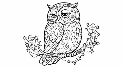 Fototapeta premium Black and White Coloring Page of a Sleepy Galaxy Owl with Celestial Elements, Stars, and Moons on a Branch, Vector Illustration