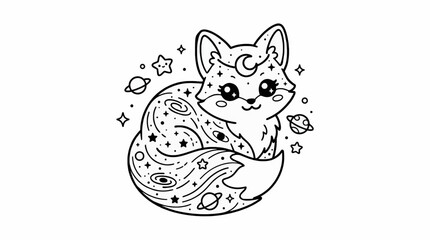 Fototapeta premium Cute Kawaii Style Nebula Fox Vector Illustration, Adorable Cosmic Animal with Stars, Planets, and Crescent Moon Details, Black and White Line Art Graphic