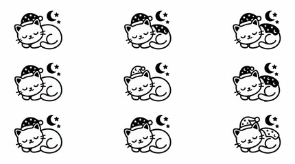 Obraz premium Vector Icon Sheet of Nine Cute Sleeping Cats Wearing Starry Nightcaps with Moon and Stars, Black and White Flat Illustration for Good Night or Sweet Dreams Concept