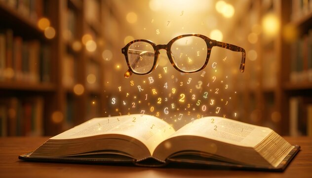 Professional conceptual education display showing levitating eyeglasses pages layout presentation for publishing, literary knowledge, creative learning, and school advertising