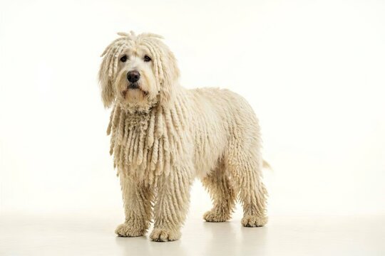 A white Komodor dog on a white background