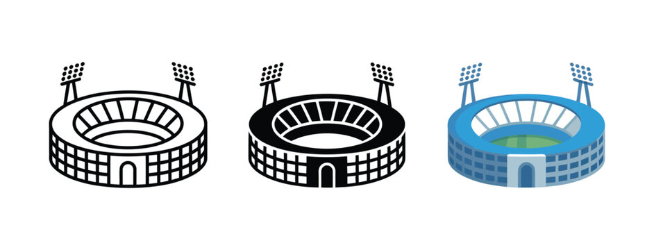 Modern stadium arena icons featuring sports venue, competition arena, event stadium, isometric architecture, and outdoor championship symbols in line art, solid black, and flat blue vector styles for 