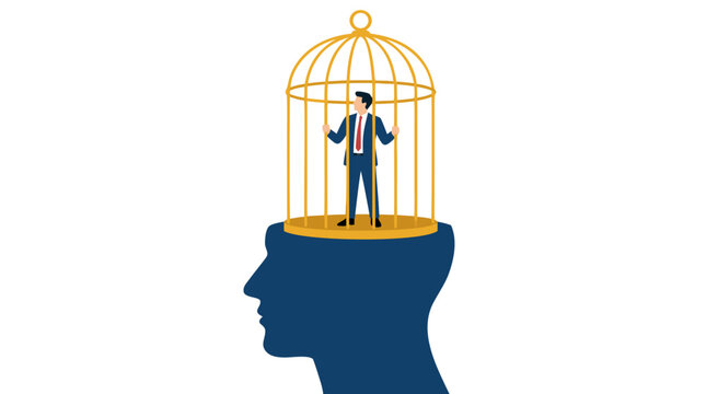 Businessman trapped in golden birdcage atop human head silhouette symbolizing mental imprisonment, corporate confinement, and psychological constraints in modern business