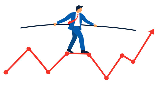 Businessman tightrope walker balancing precariously on volatile stock market chart line graph, arms outstretched for equilibrium, bold flat illustration style
