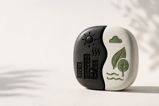 Sustainability concept stone with city pollution and green balance