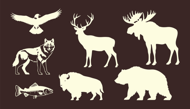 Deer silhouettes showing a family group with adult males, females, and a fawn with spots. featuring silhouette, animal, wildlife with stag