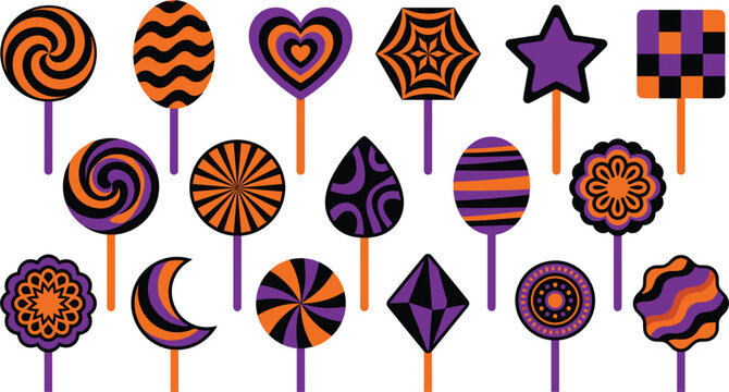 Set of halloween lollipops with various shapes and patterns in orange, black and purple colors, vector illustration