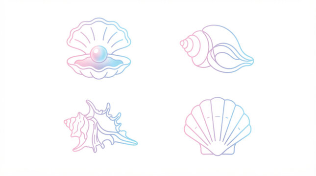 Holographic continuous line art seashell vector set with oyster pearl and scallop icons
