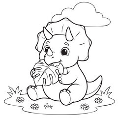 Cute baby triceratops eating a leaf. Adorable dinosaur line art for kids coloring page. A charming black and white illustration of a baby triceratops eating a leaf. © AshfaqAman