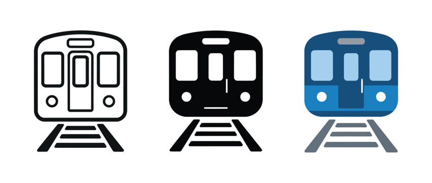 Modern subway train front view icons illustrating metro transport, railway transit, commuter rail, public transportation, and urban mobility symbols in outline, solid, and blue flat vector styles for 