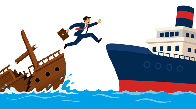 A businessman in a suit jumps from a sinking wooden ship to a large modern vessel, symbolizing a risky career transition, moving from a failing business to a stable corporation, escaping disaster at