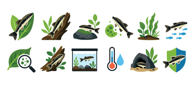 Colorful Aquatic Plants and Fish Icons Set.