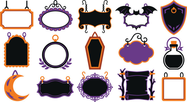 Set of halloween themed frames and signs, decorative borders for party invitations, spooky labels with bats, coffin, potion bottle, and moon shapes