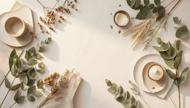 Modern flat lay composition with natural elements and clean lines featuring soft morning light creating warm atmosphere for lifestyle backdrop