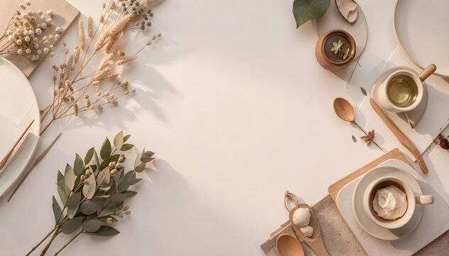 Modern flat lay composition with natural elements and clean lines featuring soft morning light creating warm atmosphere for lifestyle backdrop