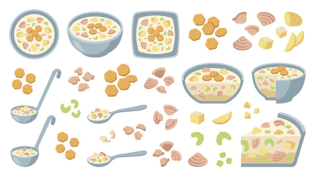 Set of clam chowder ingredients and bowls with soup, spoons, vegetables, and crackers, cooking illustration for culinary menus and digital games