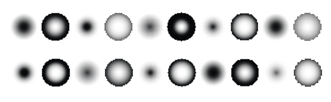 soft round brush dot collection. faded charcoal circles with grainy stippled texture. blurred smudge spot row. monochrome ink blob element set
