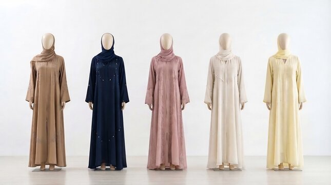 エレガントなデザインのイスラム女性用アバヤ5着が並んで展示されている画像
